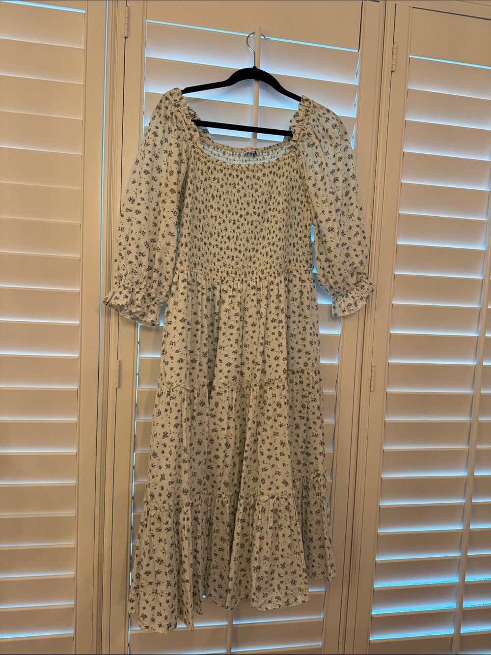 Ivy City Co White Midi Dress with Blue Floral Print